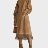 Robe en Suède avec Col Montant et Franges