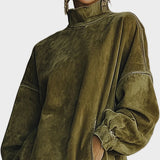 Robe en Fausse Suède avec Col Montant et Franges