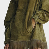 Robe en Fausse Suède avec Col Montant et Franges