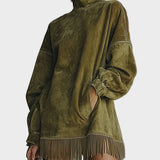 Robe en Fausse Suède avec Col Montant et Franges