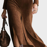 Style rétro occidental de col en faux daim, midi avec fente