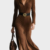 Style rétro occidental de col en faux daim, midi avec fente