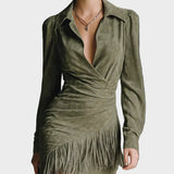 Robe Mini Verte en Viscose avec Décolleté en V