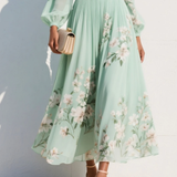 Lucija - Robe Midi en Chiffon Vert Clair avec Plissé Floral
