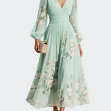 Lucija - Robe Midi en Chiffon Vert Clair avec Plissé Floral