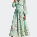 Lucija - Robe Midi en Chiffon Vert Clair avec Plissé Floral