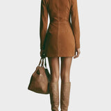 Robe Mini en Suède Synthétique Brun avec Col Montant et Fermeture Éclair