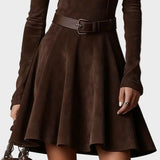 Robe Vintage en Suède Brun Foncé avec Col Montant