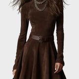 Robe Vintage en Suède Brun Foncé avec Col Montant