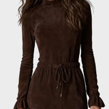 Robe Midi Élégante en Suédine Marron Foncé avec Liens