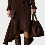 Robe Midi Élégante en Suédine Marron Foncé avec Liens