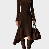 Robe Midi Élégante en Suédine Marron Foncé avec Liens