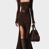 Robe Maxi en Similicuir Brun Foncé avec Décolleté Carré