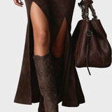Robe Maxi en Similicuir Brun Foncé avec Décolleté Carré