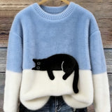 Aitana | Pull en Tricot Doux Imprimé Chat Femme Col Rond
