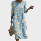 Cátia - Robe Midi avec Motif de Plantes et de Fleurs