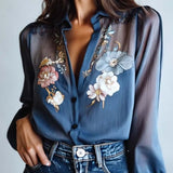 Irene | Blouse Florale Élégante à Manches Longues Femme Transparente