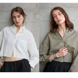 Jimena | Chemise en Lin Cropped Femme Manches Longues Oversize
