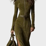 Robe Maxi Vintage Verte avec Fermeture Éclair et Ceinture