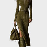 Robe Maxi Vintage Verte avec Fermeture Éclair et Ceinture