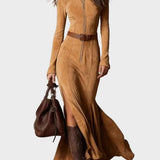 Adrianna - Robe maxi en daim brun avec ceinture et fermeture éclair