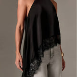 Eva | Top Halter Asymétrique avec Dentelle Femme Col Haut