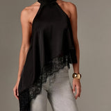 Eva | Top Halter Asymétrique avec Dentelle Femme Col Haut